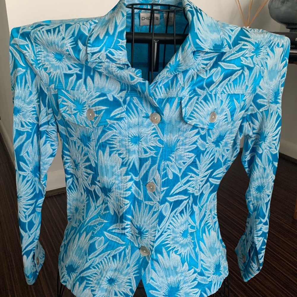 Chicos Blazer, blue floral design, size 0